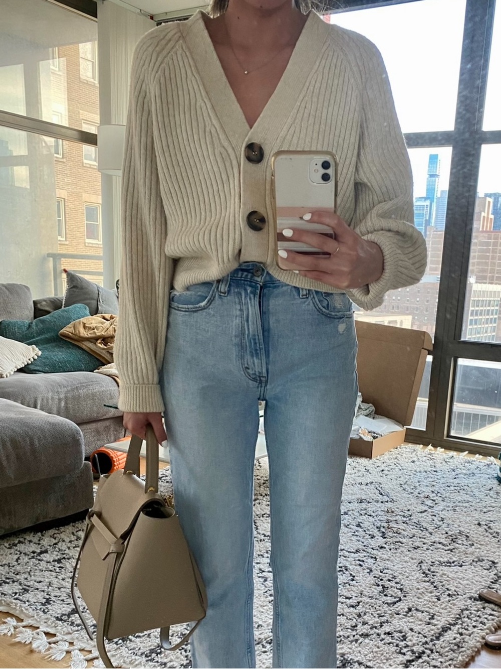 H&M Ribbed V-Neck Button Cardigan in Light Beige
